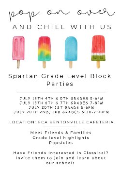 We are looking forward to a great school year! As we get ready for the coming year, we want to invite families on campus for grade level meet and greets! We have many new families joining us this coming year as well as returning families.  ** Have friends interested in Founders? Invite them to the Block Party! Families who have a perspective family join will be entered into a drawing for Lands End uniform top and bottom set.